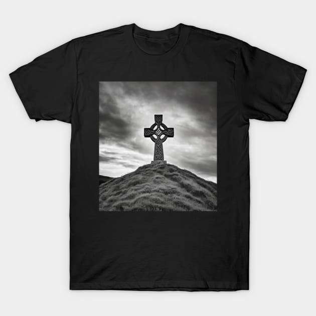 Ancient Celtic Cross on a Burial Mound hill on a hill beneath a stormy, angry sky T-Shirt by DesignsbyZazz